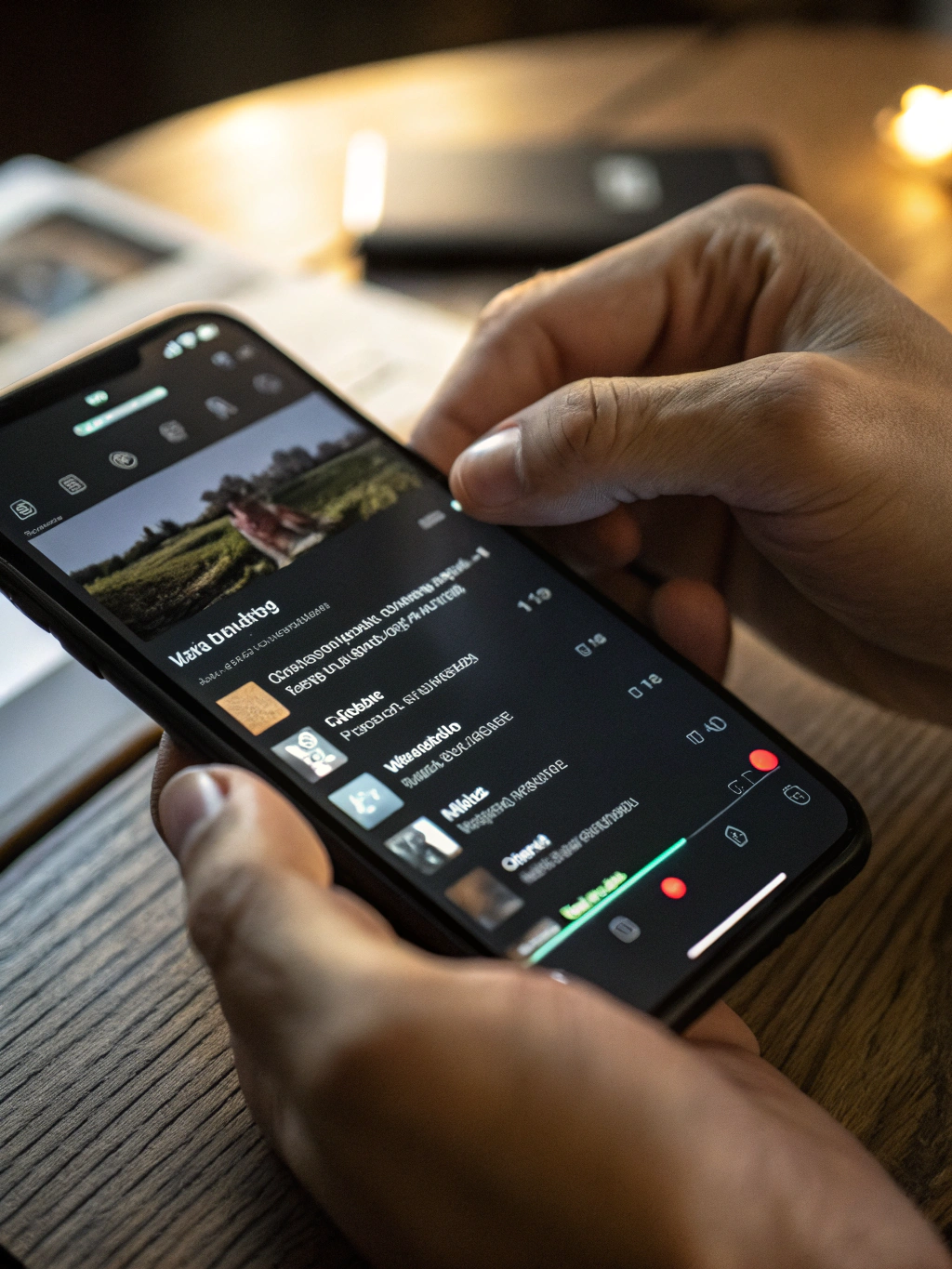 Plano detalle de manos grabando contenido con celular y estabilizador